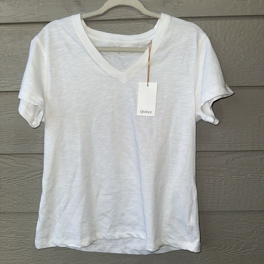 Quince Shirt Womens Large White V-Neck Organic Cotton Slub Classic Preppy Tee